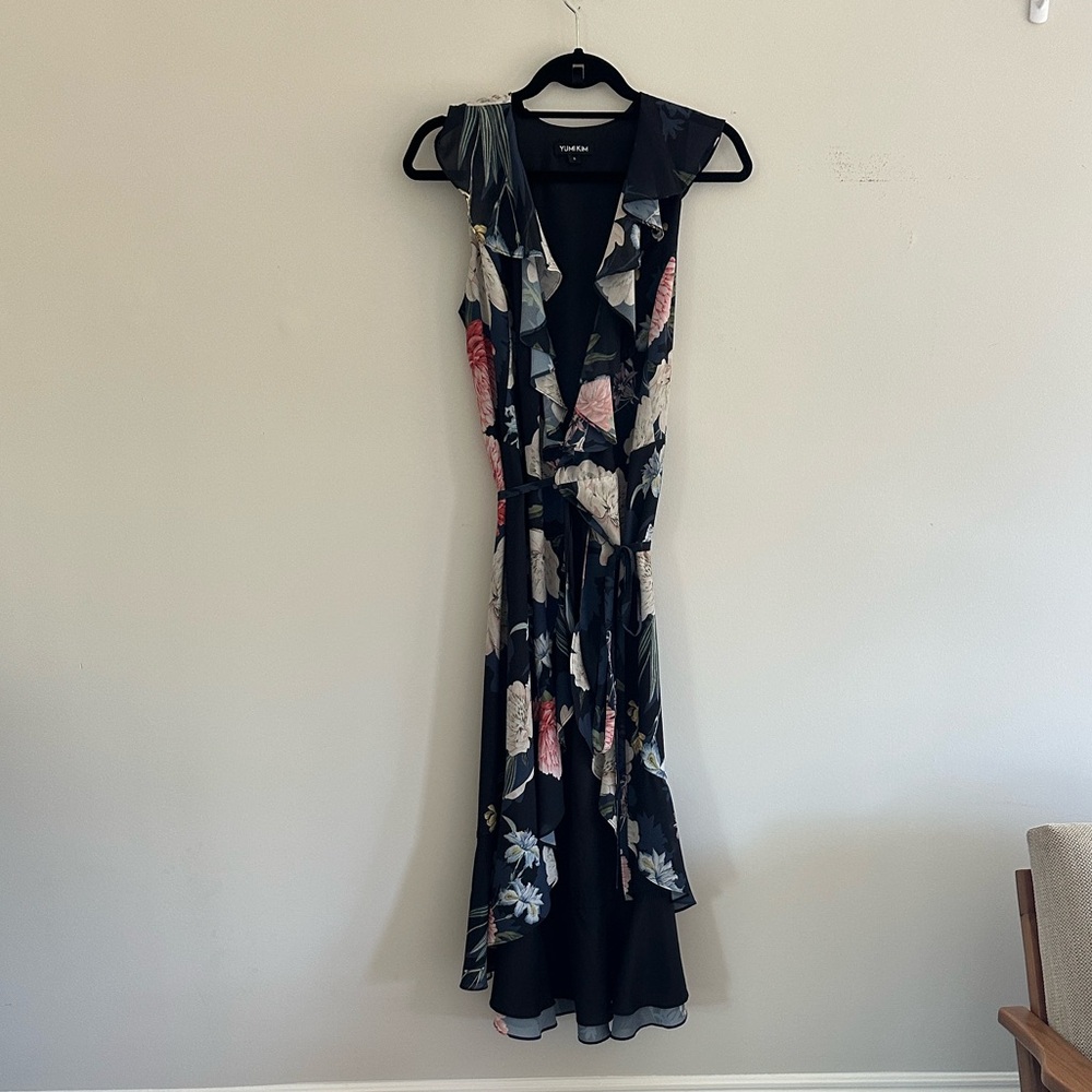 Yumi Kim Navy Floral Ruffle Wrap Maxi Dress with Pink, Blue & Cream Accents